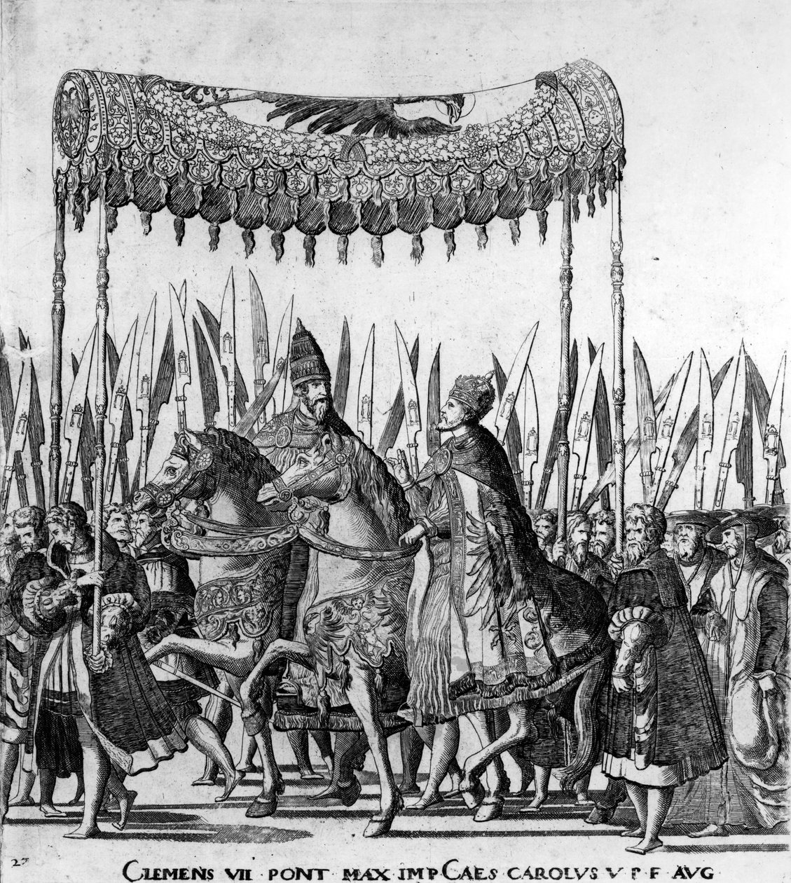 De Intocht van Paus Clemens VII en Keizer Karel V in Bologna op 24 februari 1530, plaat 27, ca. 1530 (detail) door Nicholas Hogenberg