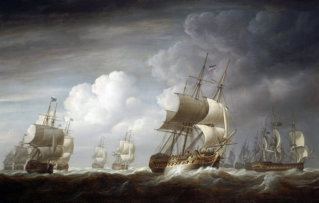 Een vloot van Indiaman-schepen, Britse schepen van de Oost-Indische Compagnie door Nicholas Pocock