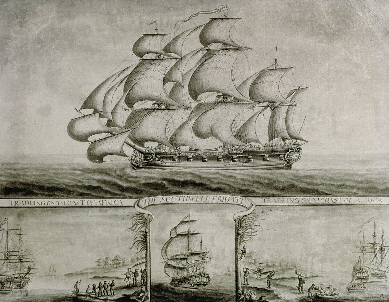 Gezicht op het fregat van Southwell dat handel drijft op de kust van Afrika, ca. 1760 (pen en inkt en gewassen) door Nicholas Pocock