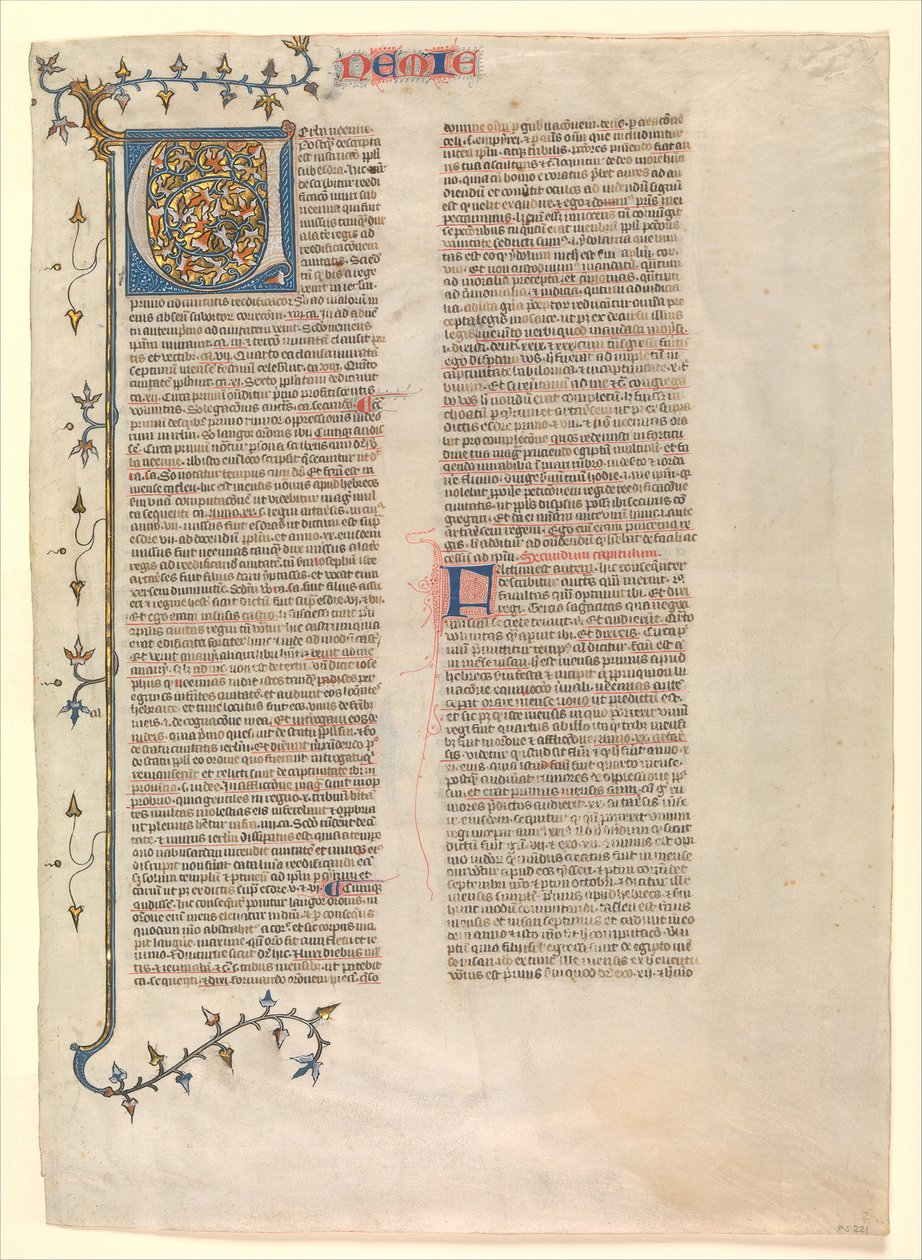Initiaal V uit het commentaar van Nehemia, een van zes geïllustreerde bladen, ca. 1360-1380 door Nicholas of Lyra