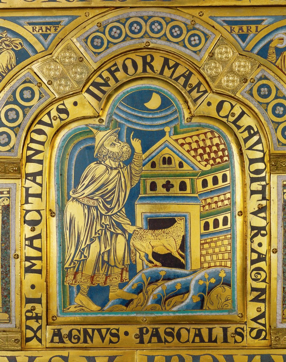 Agnus Pascalis, het symbolische paaslam ... (geëmailleerde plaquette in champleve techniek op verguld koper) door Nicholas of Verdun