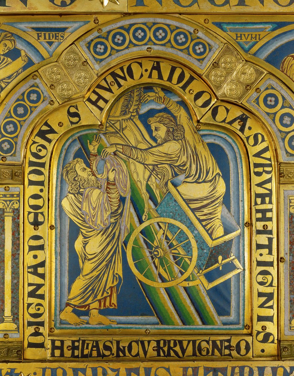 Hemelvaart van de profeet Eliah, van het altaar van Verdun ... (geëmailleerde plaquette in champleve techniek op verguld koper) door Nicholas of Verdun