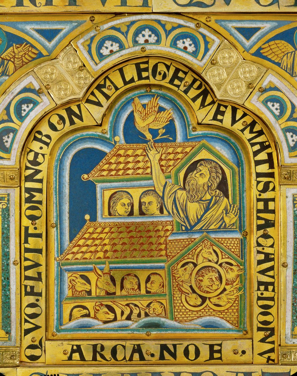 De ark van Noach en de komst van de duif, altaar van Verdun ... (email op verguld koper) door Nicholas of Verdun