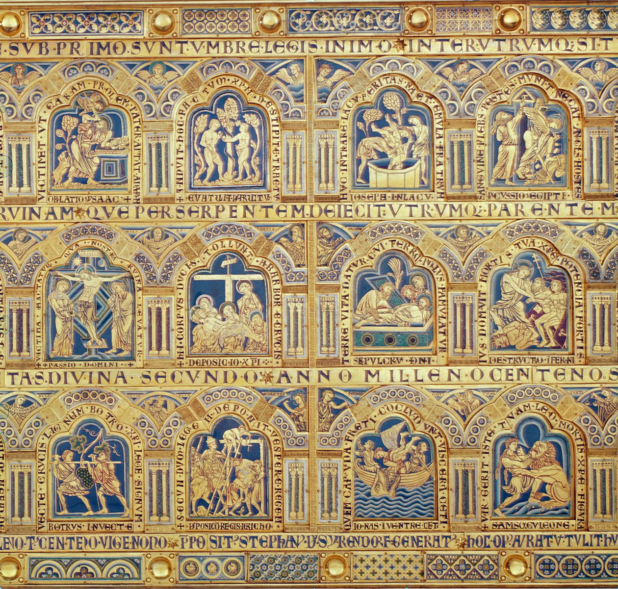 Het Verdun Altaar, detail van decoratieve panelen met bijbelse scènes door Nicholas of Verdun