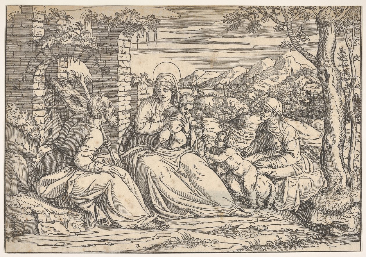 De Heilige Familie met heiligen Elizabeth en Johannes, ca. 1550 door Nicolò Boldrini