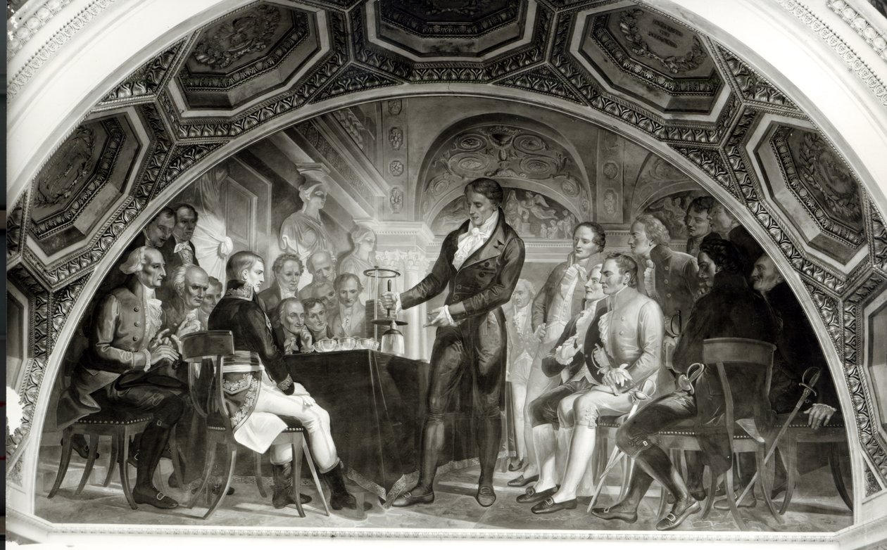 Het Proces van Galileo (1564-1642). Alessandro Volta (1745-1827) presenteert zijn experimenten met een elektrische batterij aan Napoleon (1769-1821) door Nicola Cianfanelli