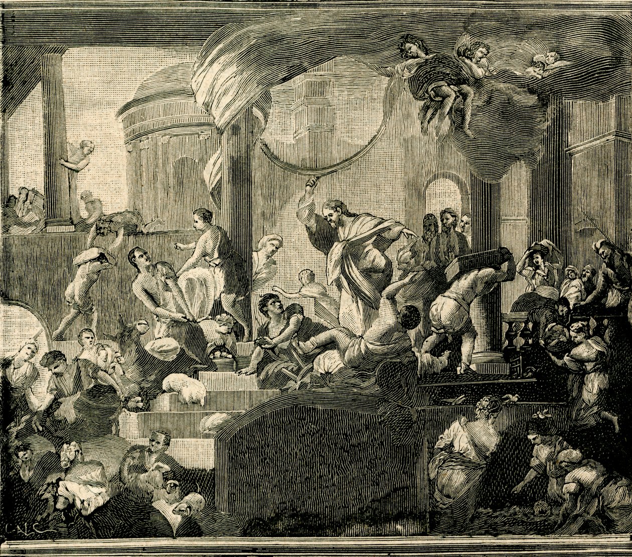 Jezus verdrijft kooplieden uit de tempel, olieverf op doek door Nicola Malinconico (1663-1721), Basiliek van Sant