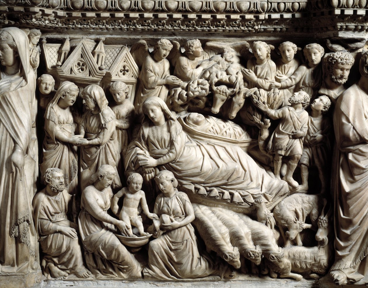 Gotische kunst en architectuur: Visitatie en Geboorte - Detail van de bas-reliëfs van de Marmeren Preekstoel gemaakt door Nicola Pisano (1266-1268) door Nicola Pisano