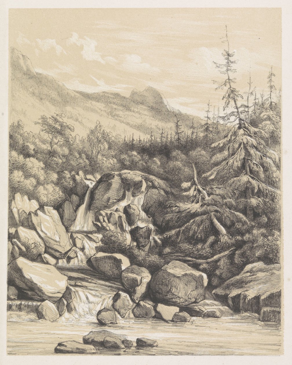 Berglandschap met waterval door Nicolaas Barnouw