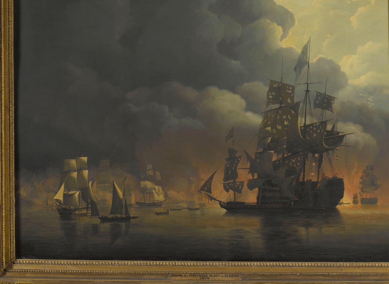 De Anglo-Nederlandse Vloot onder Lord Exmouth en Viceadmiraal Jonkheer Theodorus Frederik van Capellen die de Algerijnse Vestingen vernietigen, 27 augustus 1816 door Nicolaas Baur
