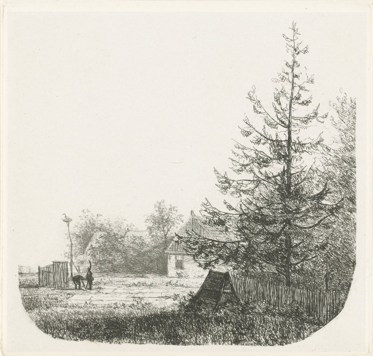 Boomrijk landschap met een ooievaarsnest door Nicolaas Johannes Roosenboom