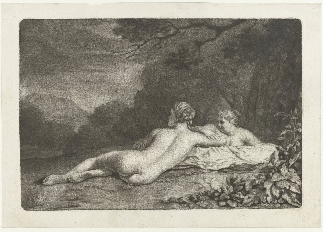 Landschap met twee nimfen door Nicolaas Verkolje