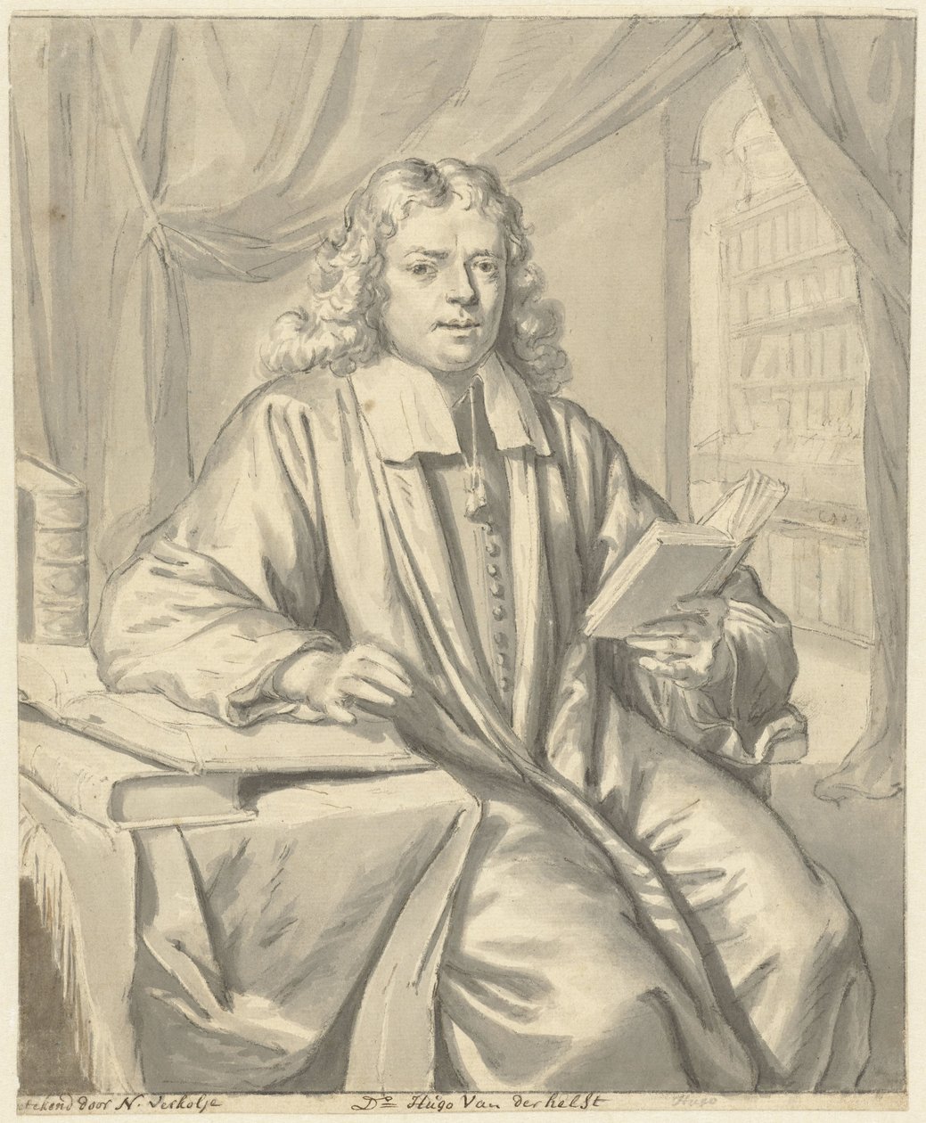 Portret van Dr. Hugo van der Helst in een studeervertrek door Nicolaas Verkolje