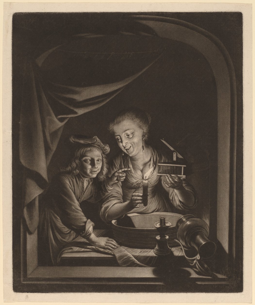 Dienstmeid met een Muizenval door Nicolaas Verkolje after Gerrit Dou