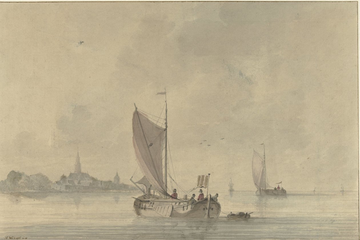Zeilende schuiten op het water voor een Hollands stadje door Nicolaas Wicart