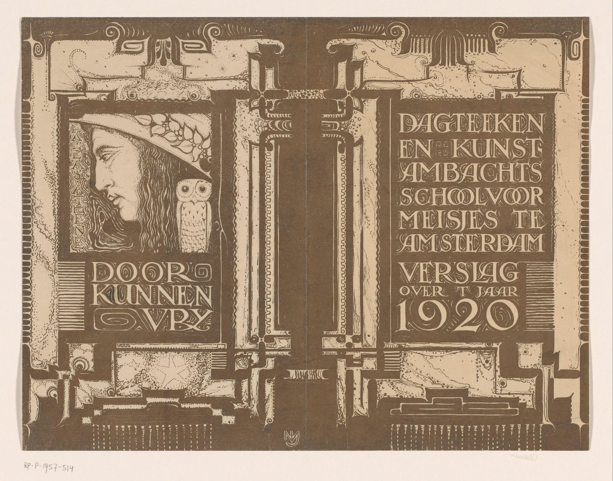 Bandontwerp voor: Verslag der Dagteeken- en Kunstambachtschool voor Meisjes te Amsterdam over het jaar 1920 door Nicolaas van de Vecht