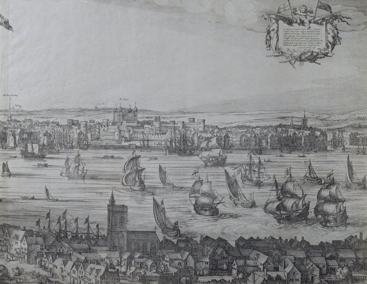 Panorama van Londen en de Theems, deel vier toont de Tower en de kerk van St. Olave, ca. 1600 door Nicolaes Jansz Visscher
