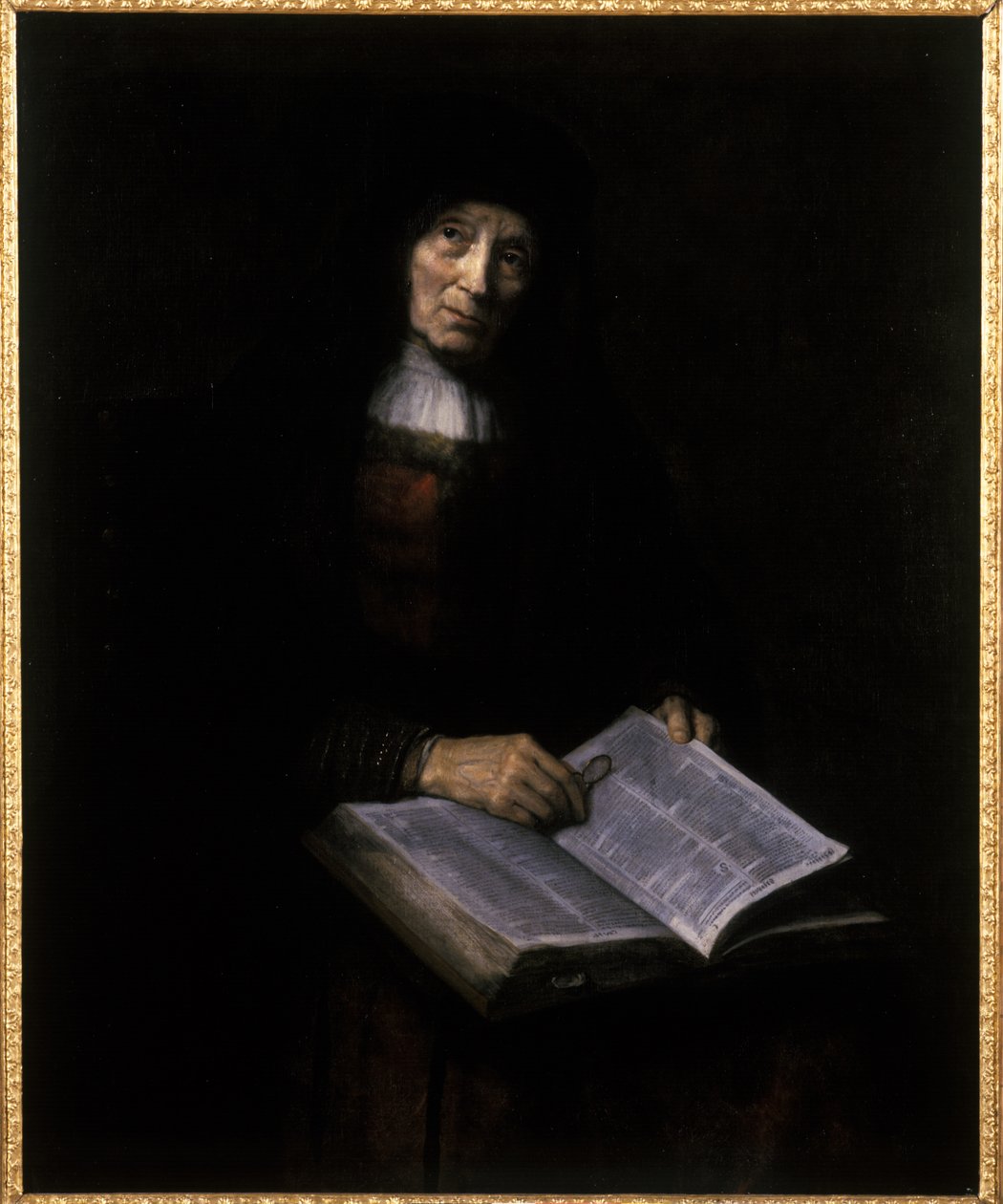 Oude vrouw met boek door Nicolaes Maes