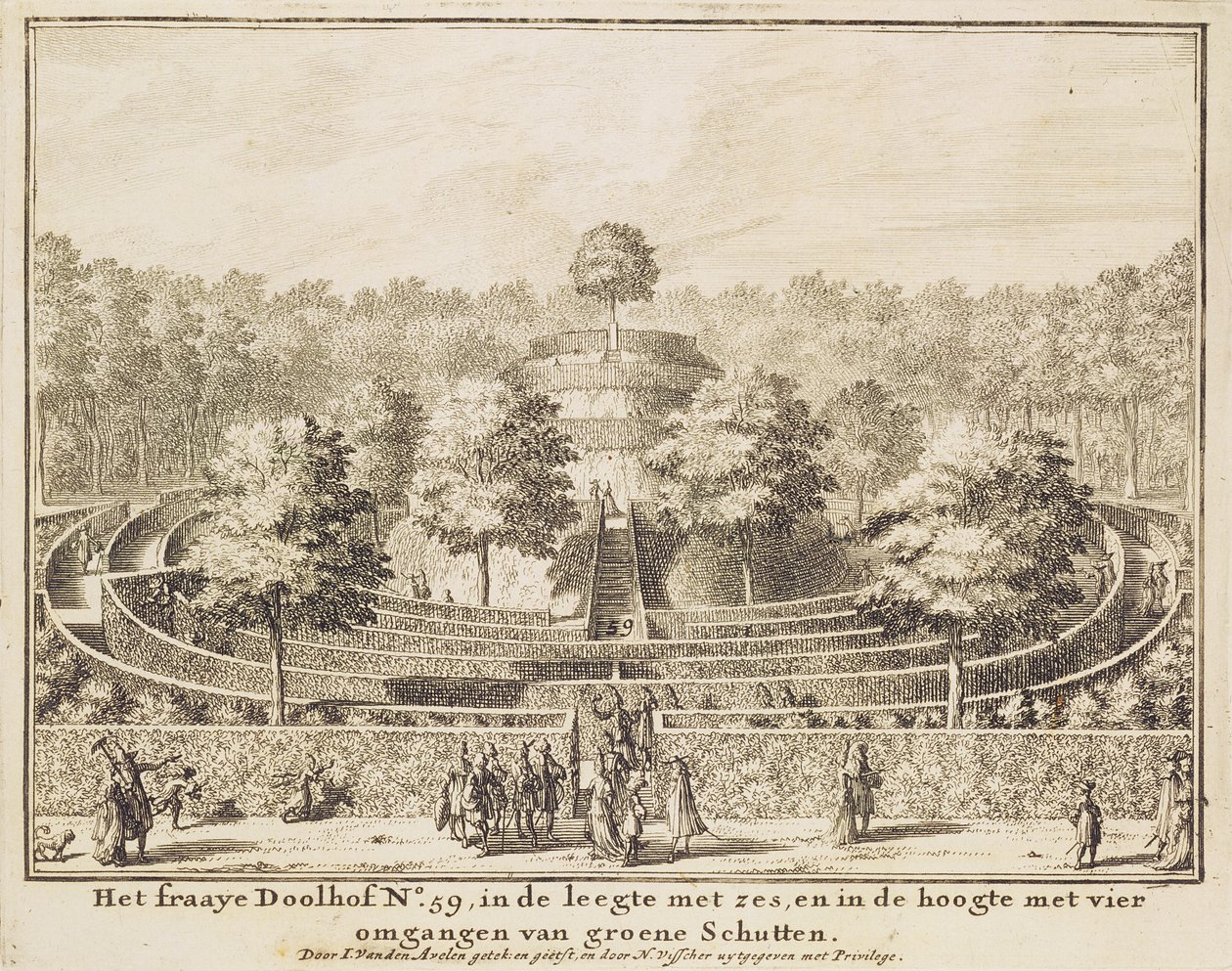 Topiary doolhof met vier uitgangen en een centrale heuvel, gegraveerd door Johannes Van den Aveele door Nicolaes Jansz Visscher