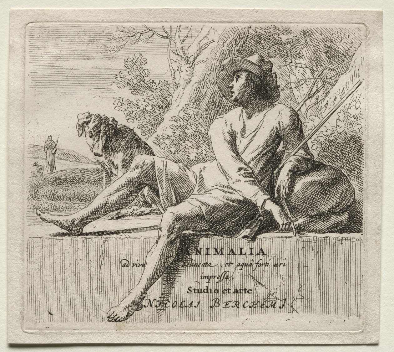 Animalia: Frontispice, herder en hond door Nicolaes Berchem