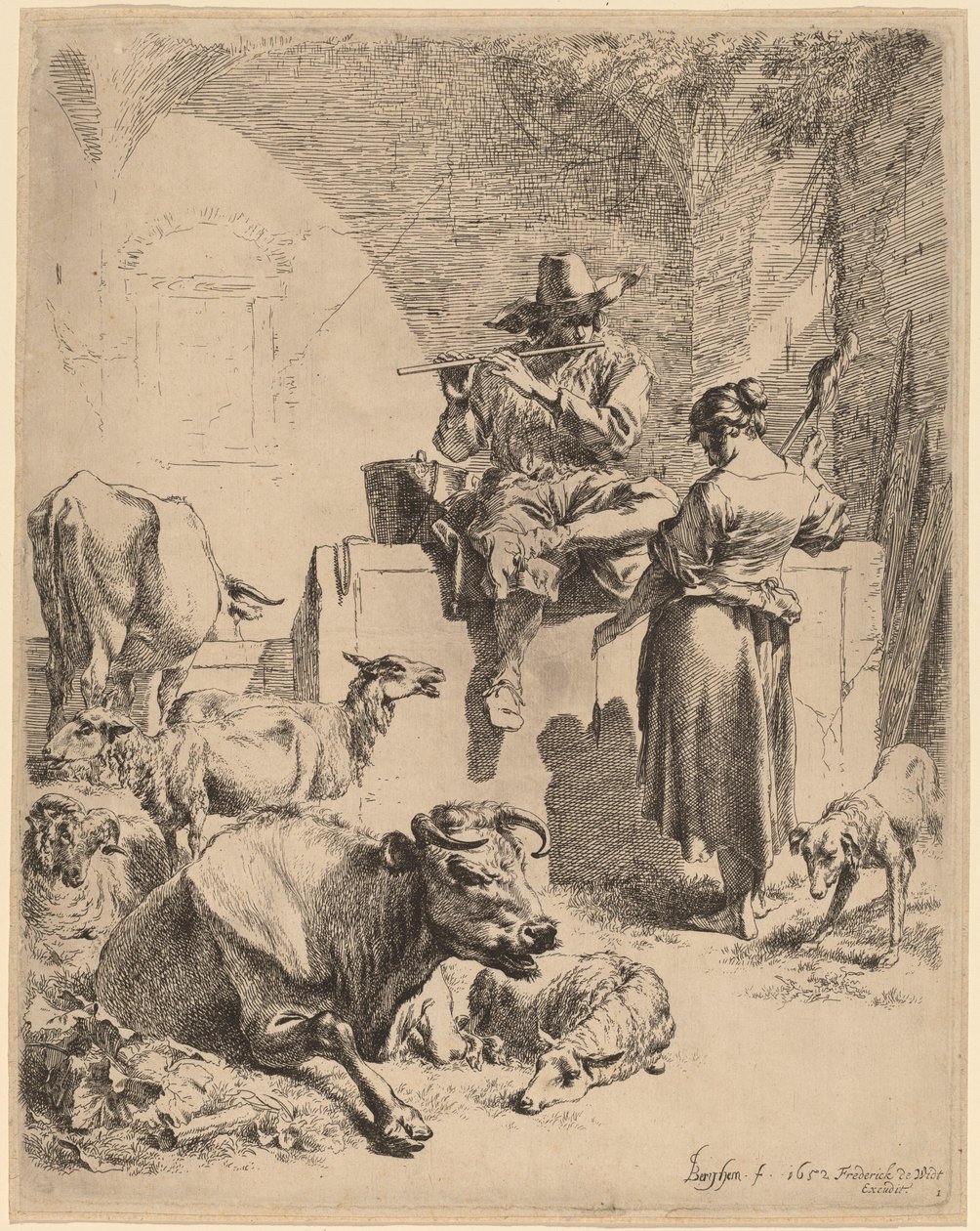 De herder zittend op een fontein en de spinner door Nicolaes Berchem