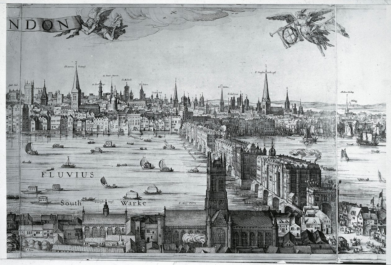 VK, Engeland, Uitzicht op de stad Londen met de London Bridge door Nicolaes Jansz (1586 1652) Visscher