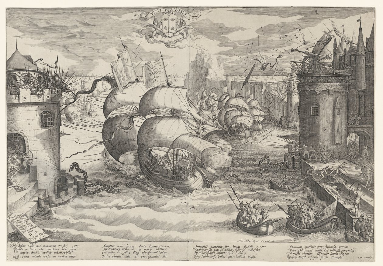 Inname van Damiate en het overzeilen van de ketting, 1219 door Nicolaes Jansz. Clock