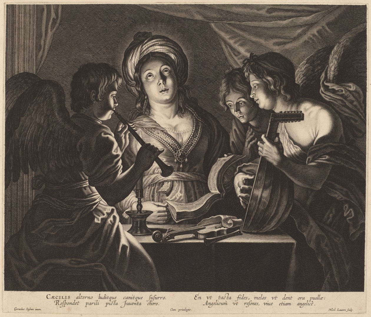 Sint Cecilia vergezeld door hemelse muzikanten door Nicolaes Lauwers after Gerard Seghers