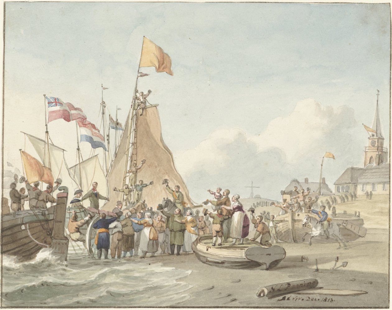 Aankomst van prins Willem Frederik te Scheveningen, 30 november 1813 door Nicolaes Lodewick Penning (signed by artist)