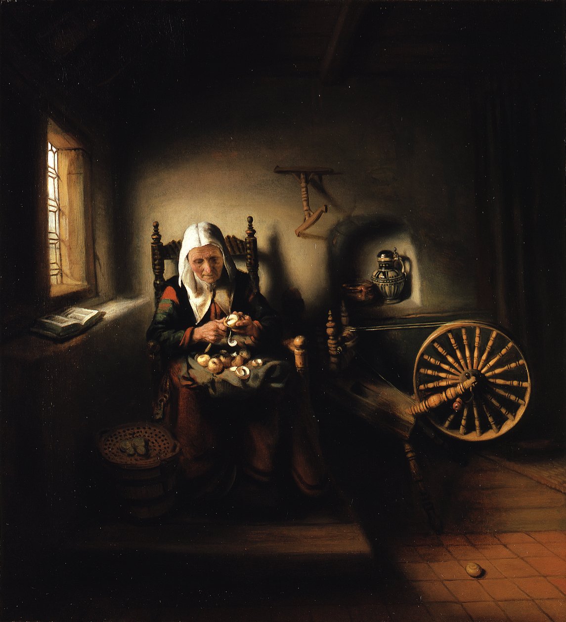 Oude vrouw die appels schilt door Nicolaes Maes