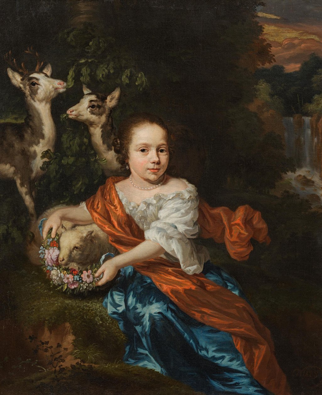 Dutch: Meisje met lam en herten Girl with lamb and deer door Nicolaes Maes