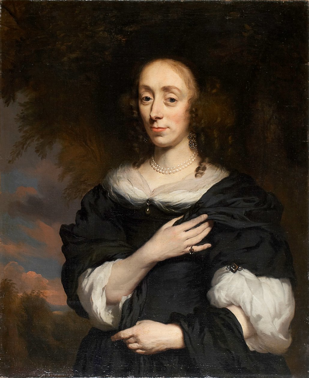 Portret van een vrouw in een zwarte jurk door Nicolaes Maes
