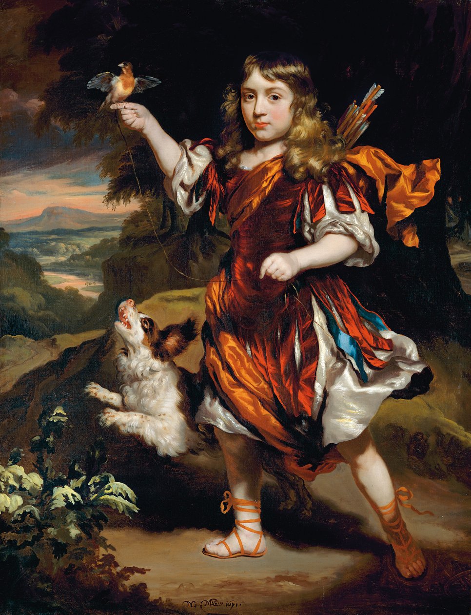 Portret van een jongen, als Daifilo, in een rood overkleed over een zilveren gewaad, met een oranje mantel, een vogel rustend op zijn rechterhand, zijn hond naast hem, in een landschap door Nicolaes Maes