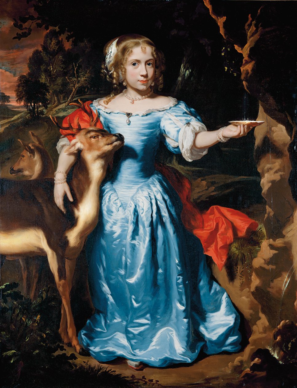 Portret van een Meisje Volledig als Granida in een Blauwe Zijde Jurk en Rode Mantel haar Linkerhand Water Vangend in een Schelp van een Bron haar Rechterhand Rond een Hert