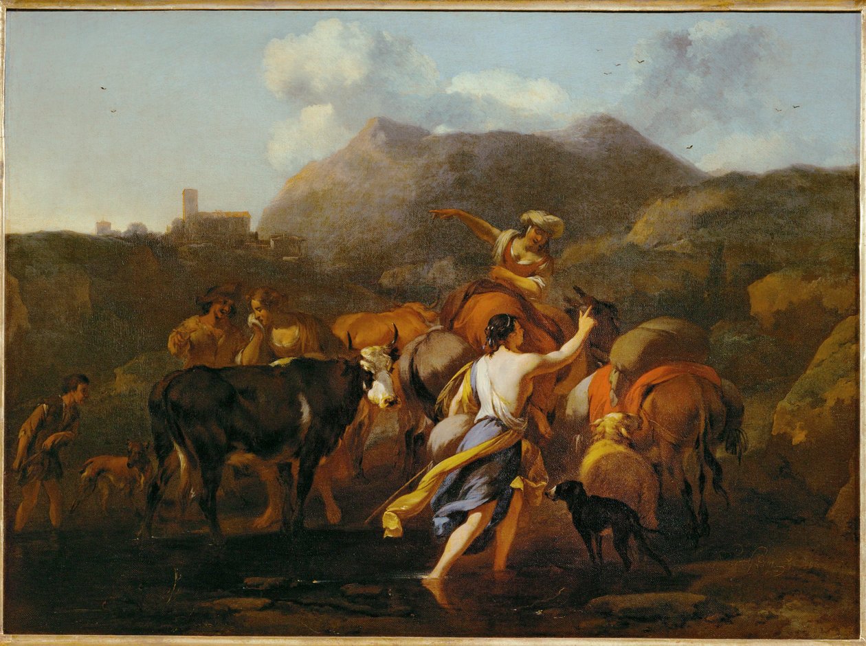 Koeherders en kudde (schilderij op doek) door Nicolaes Pietersz. Berchem