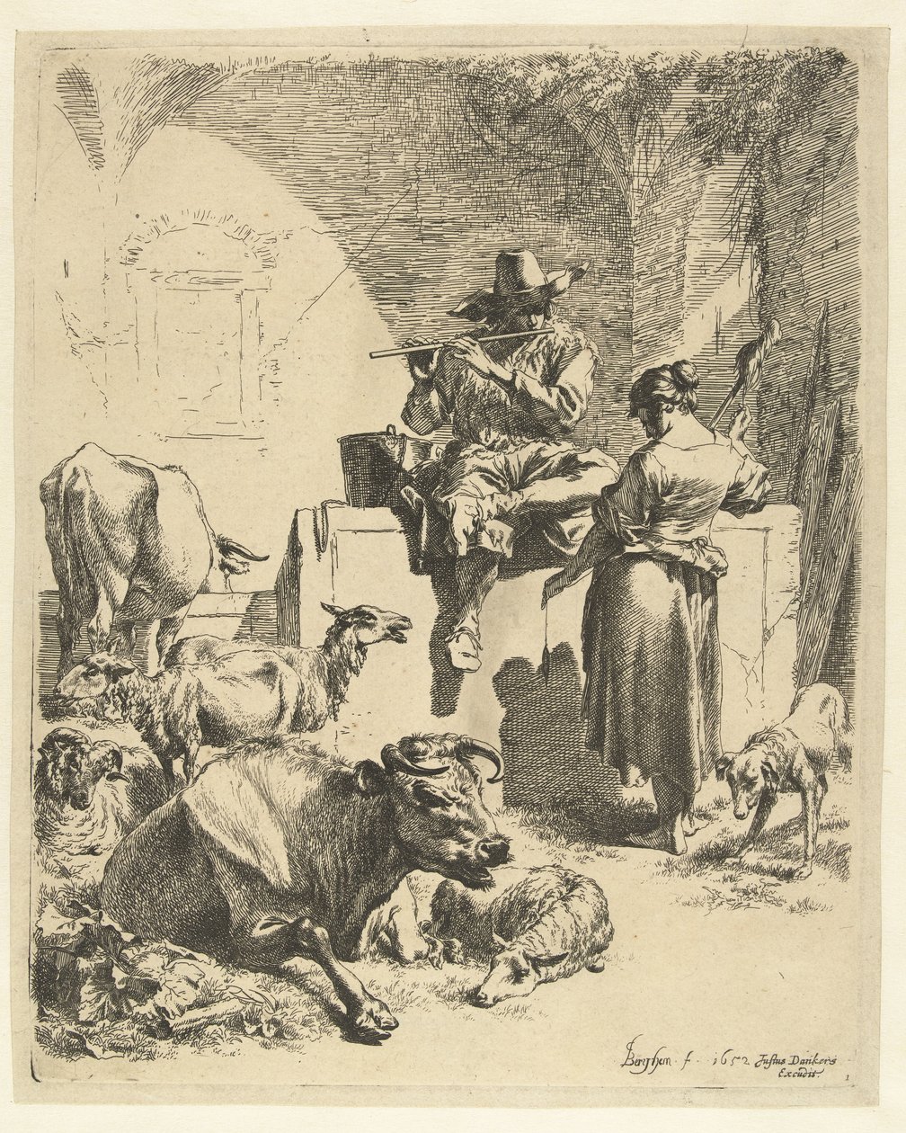 Fluitspelende herder en spinster door Nicolaes Pietersz Berchem