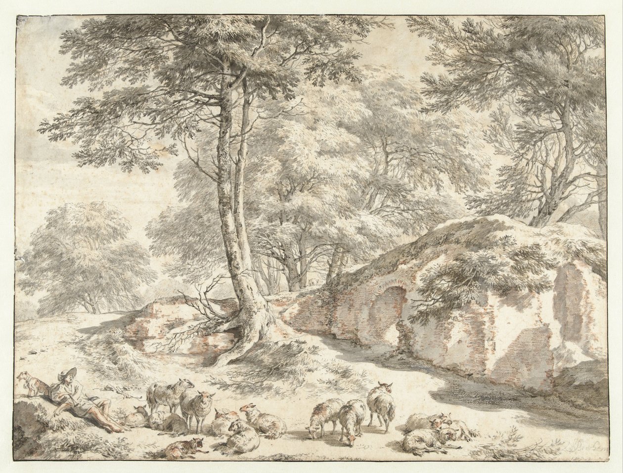 Herder met schapen bij een ruïne tussen bomen door Nicolaes Pietersz Berchem