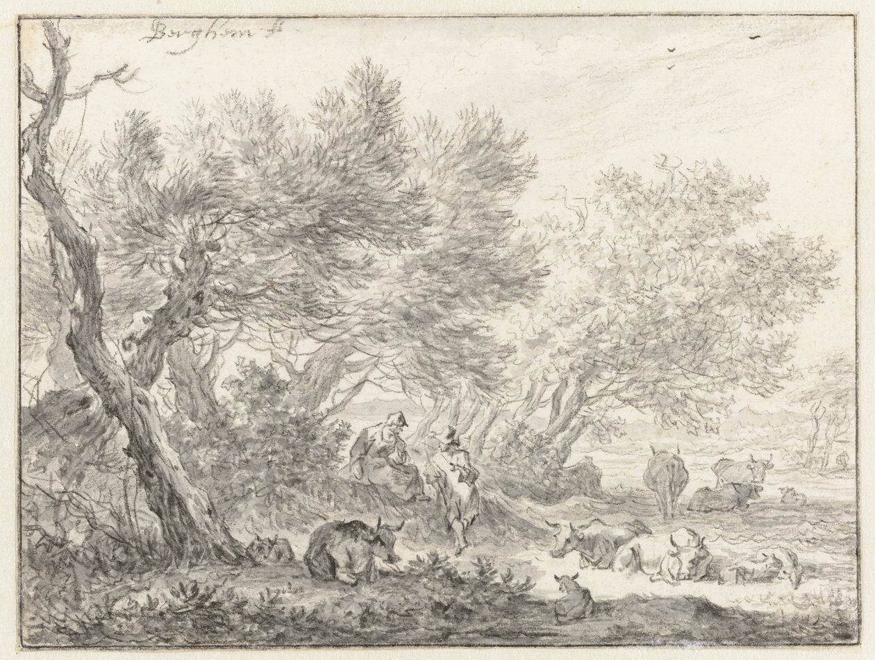 Herders en vee bij een groep bomen door Nicolaes Pietersz Berchem