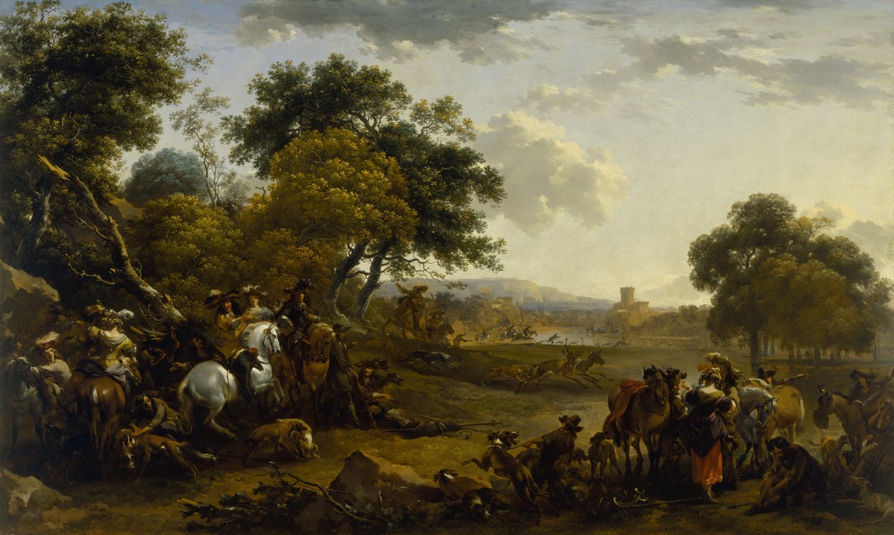 Landschap met jagers door Nicolaes Pietersz. Berchem