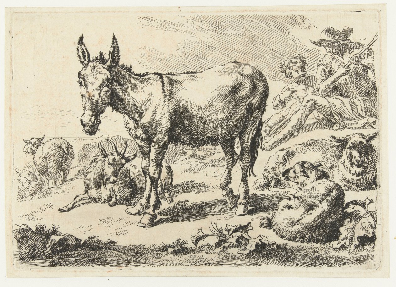 Landschap met ezel, schapen, geit en herders door Nicolaes Pietersz Berchem