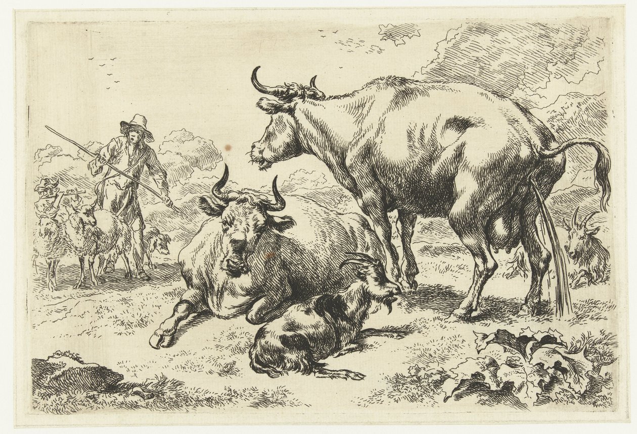 Liggende en een pissende koe door Nicolaes Pietersz Berchem