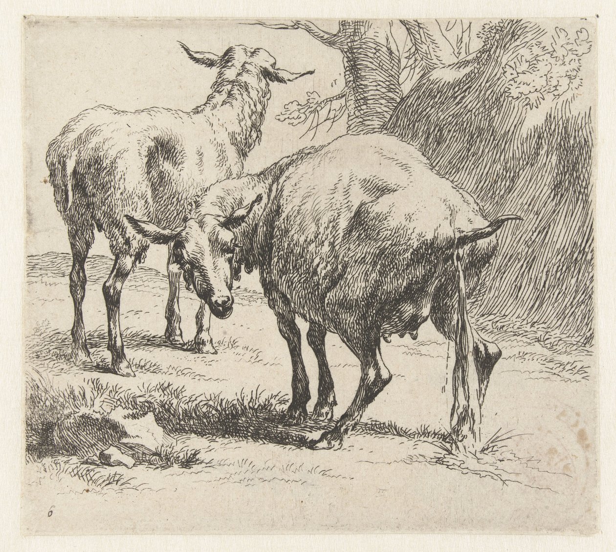 Pissende ooi en een schaap door Nicolaes Pietersz Berchem