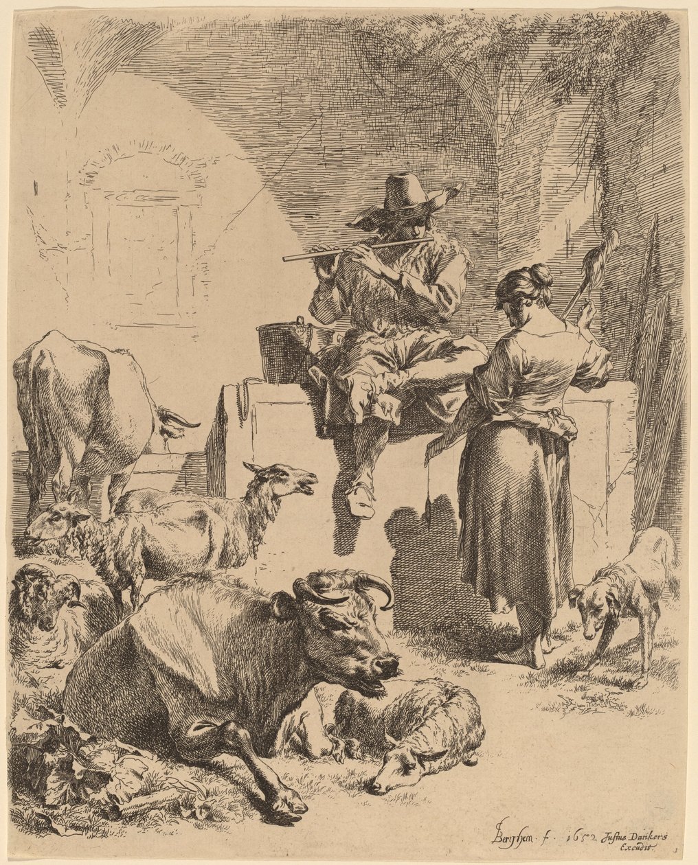 De Herder Zittend op een Fontein en de Spinner door Nicolaes Pietersz Berchem