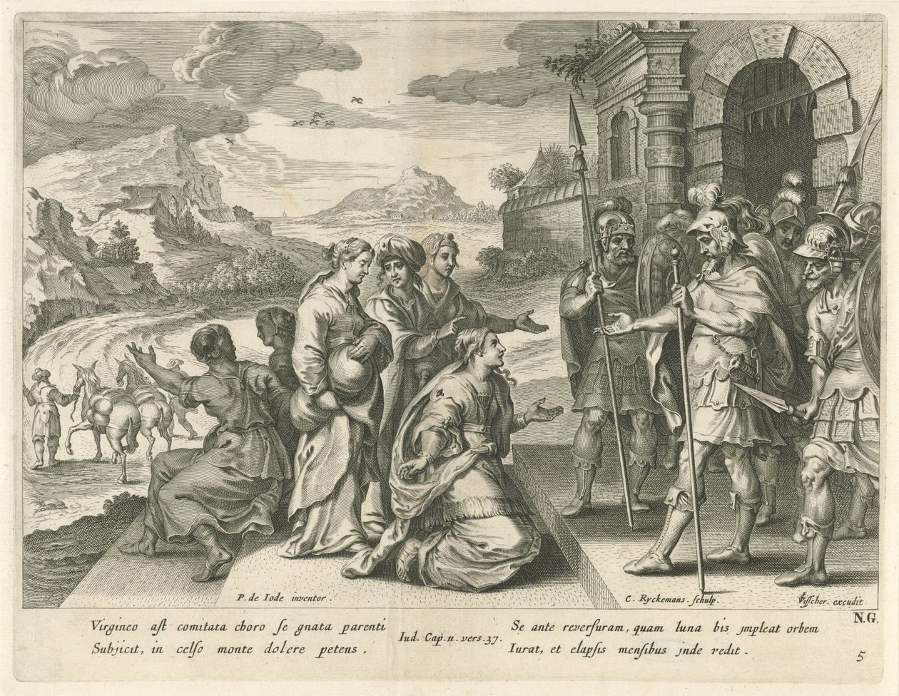 Jefta geeft zijn dochter toestemming om de bergen in te gaan Geschiedenis van Jefta door Nicolaes Ryckmans