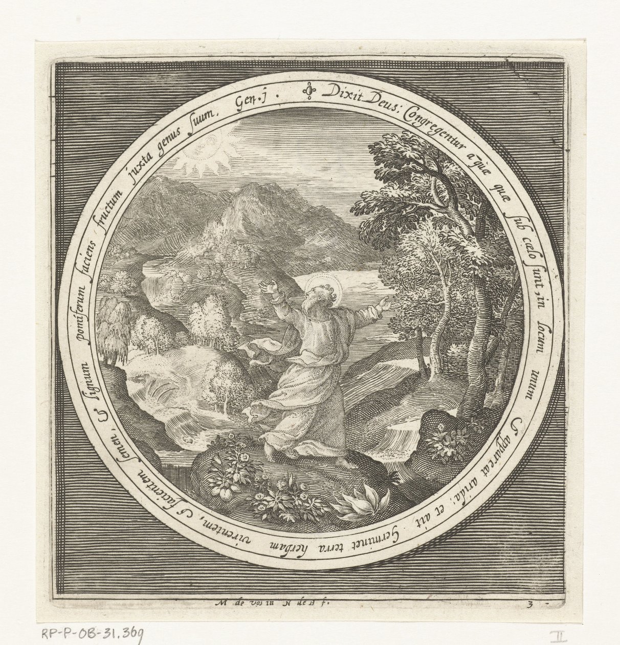Derde dag van schepping: God schept land en zaadvormende planten en bomen met vruchten die zaden dragen door Nicolaes de Bruyn