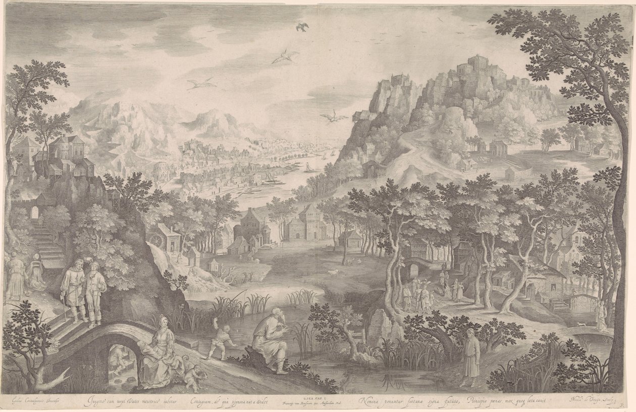 Hosea en de overspelige vrouw in een landschap door Nicolaes de Bruyn