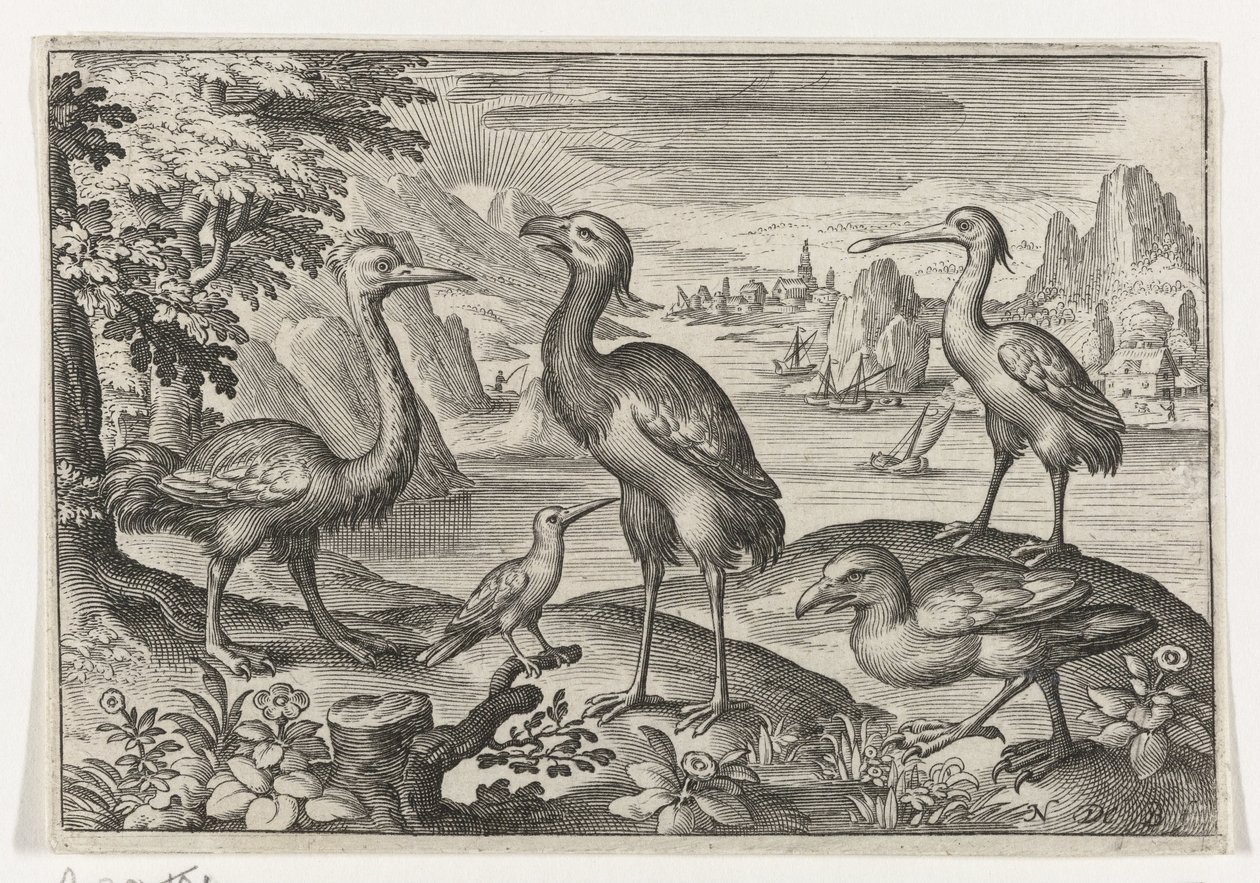 Kroonkraanvogel tussen twee struisvogels door Nicolaes de Bruyn