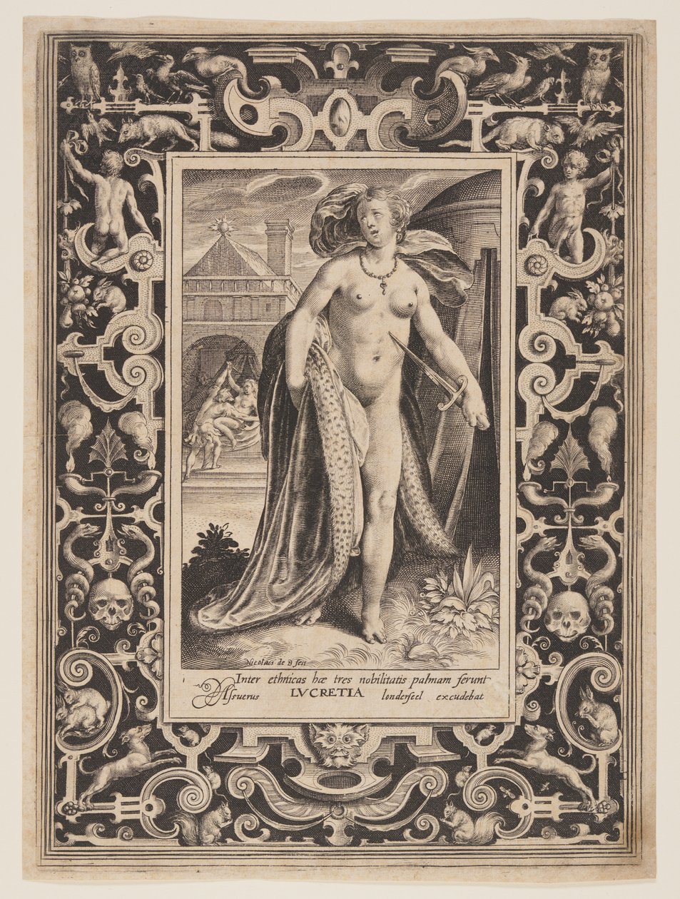 Lucretia, plaat één uit De negen waardinnen door Nicolaes de Bruyn