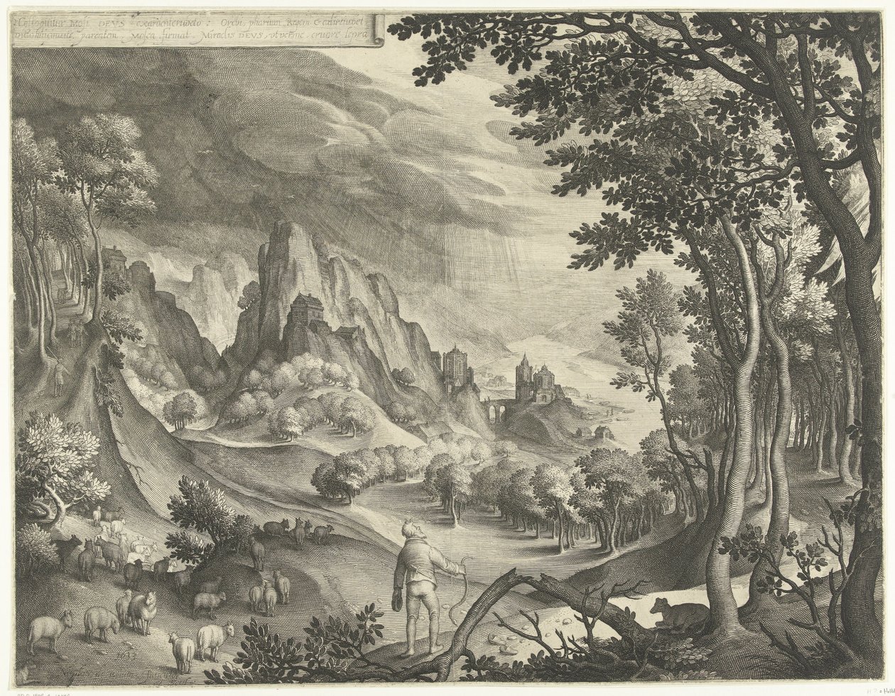 Mozes wordt aangesproken door God op de berg Horeb door Nicolaes de Bruyn
