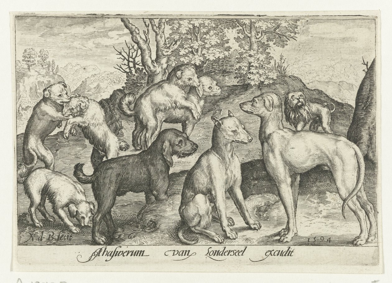 Negen honden door Nicolaes de Bruyn